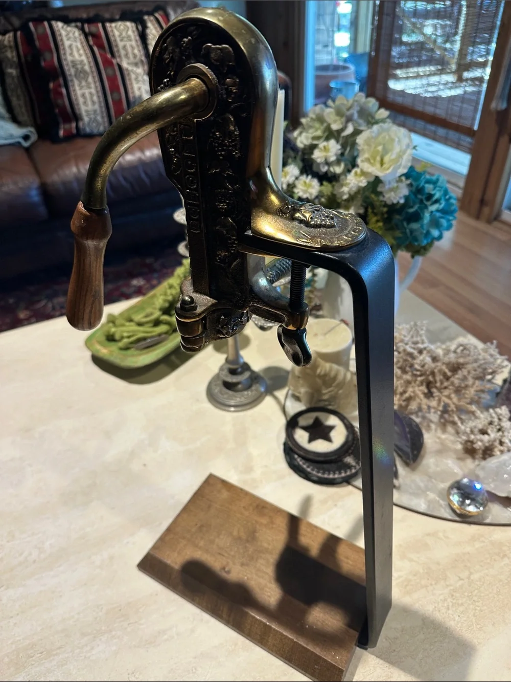 Antique-Style Brass and Wood Table Corkscrew Bottle Opener - Black and Brown